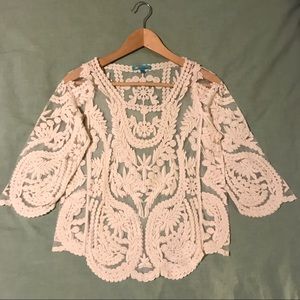 My Emblem Embroidered Lace Sheer Cream Top size S